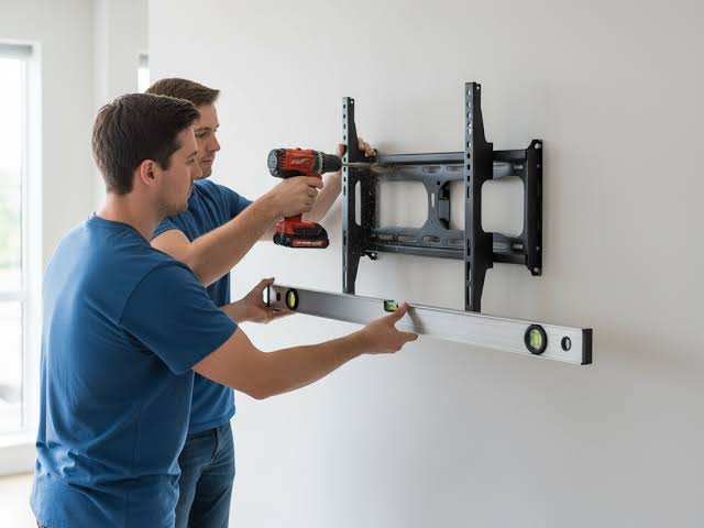 Two people fixing a mount bracket to a wall using a drill and a spirit level.